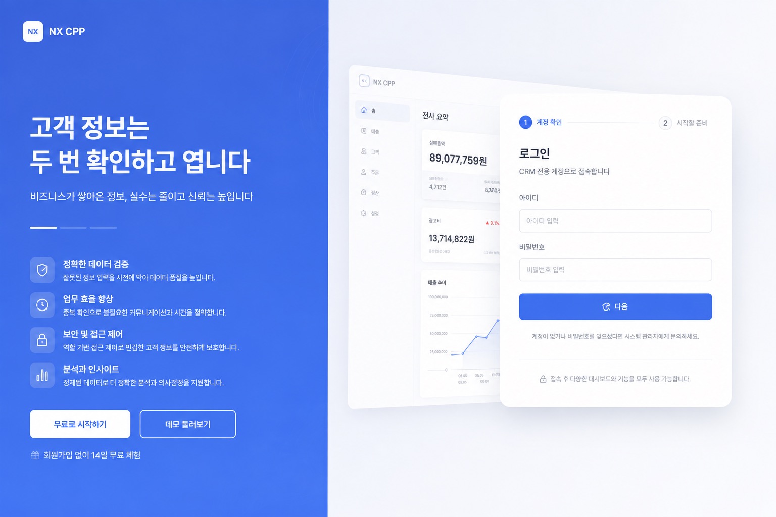 NX CRM — 2단계 인증 로그인 화면